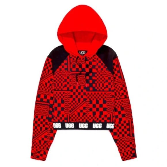 UGG Women's Red and Black Mallory Cropped Hoodie Checks Size XS 2793 - Picture 1 of 13